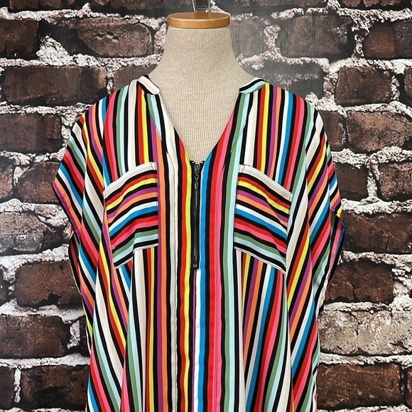 Torrid Top Blouse Quarter Zip Short Sleeves Colorful Stripes Pink Blue Size 12 - Picture 5 of 12